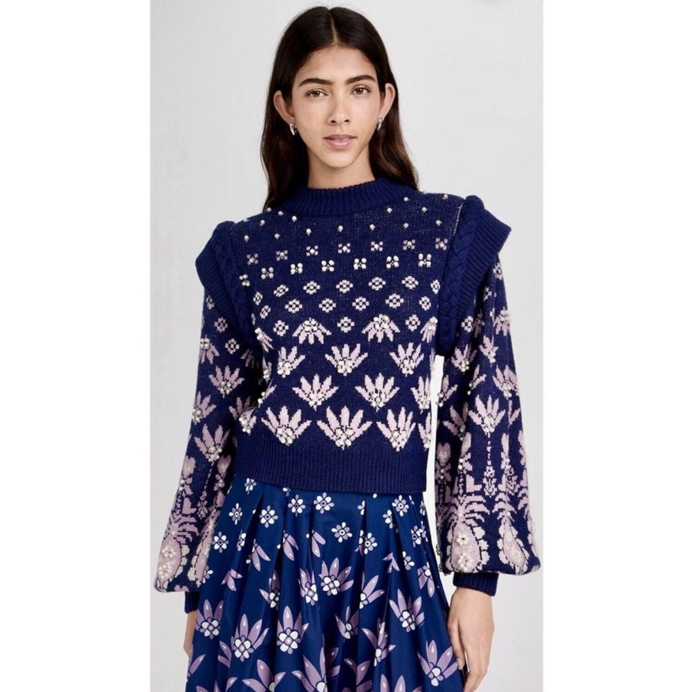 FARM Rio Ainika Martina Imitation Pearl Beaded Knit Sweater in Dark Blue